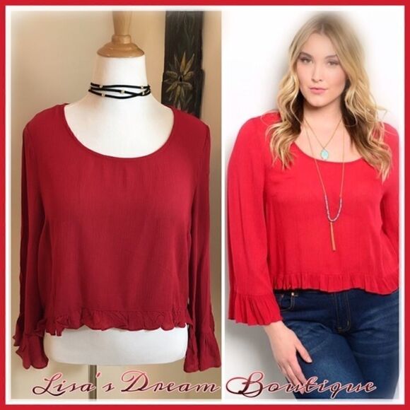 Final Price | Dark Red Long Sleeve Top with Ruffled Hem and Sleeves - Picture 1 of 5